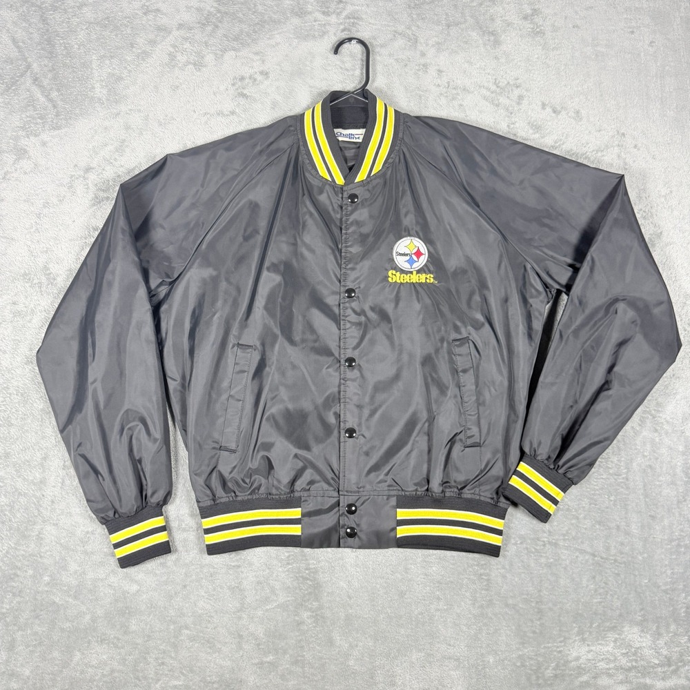 Vintage Chalk Line Mens L Pittsburgh Steelers Bomber Jacket 80s NFL Black Nylon